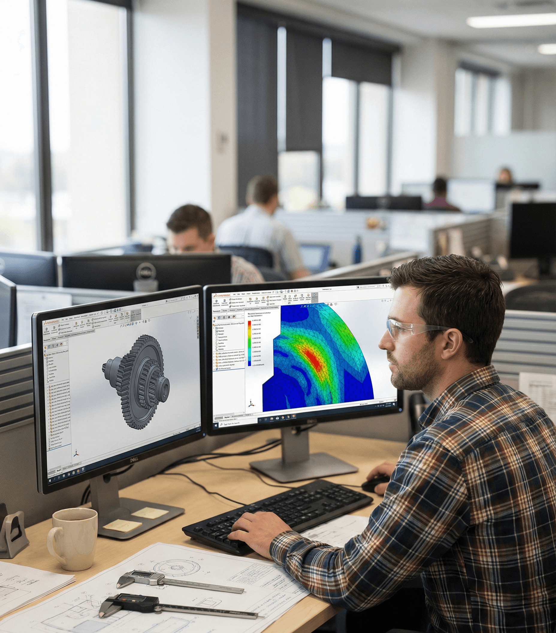 Engineer reviewing CAD and simulation results